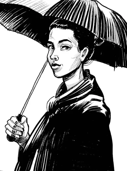 带着雨伞的女孩墨水黑白相间 — 图库照片