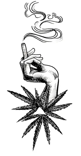 Main Avec Fumer Joint Marijuana Feuilles Cannabis Encre Dessin Noir — Photo