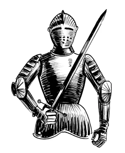 Středověký Rytíř Mečem Černobílá Kresba Inkoustu — Stock fotografie