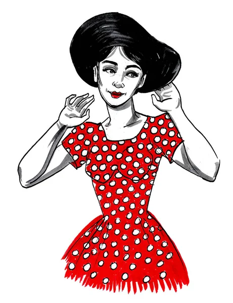 Hezká Žena Červených Šatech Černém Klobouku Kresba Inkoustem Akvarelem — Stock fotografie