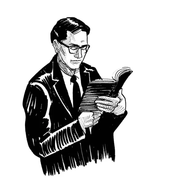 Человек Читающий Книгу Черно Белые Чернила — стоковое фото