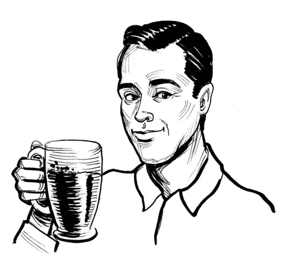 Een Man Die Een Glas Bier Drinkt Inkt Zwart Wit — Stockfoto