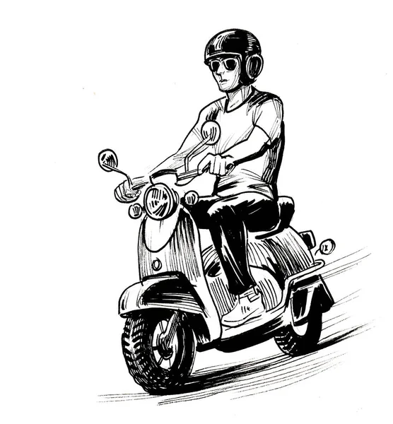 Man Een Vintage Scooter Inkt Zwart Wit Tekening — Stockfoto