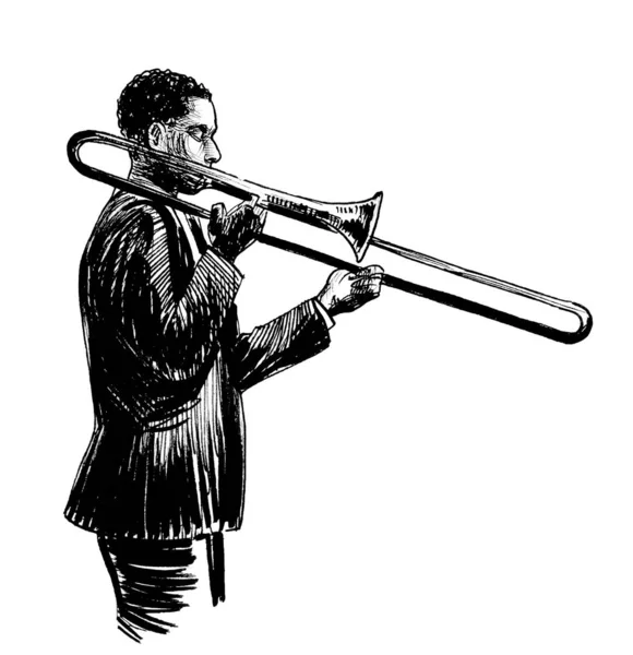 ジャズミュージシャンがトランペットを吹く 墨黒と白のドローイング — ストック写真