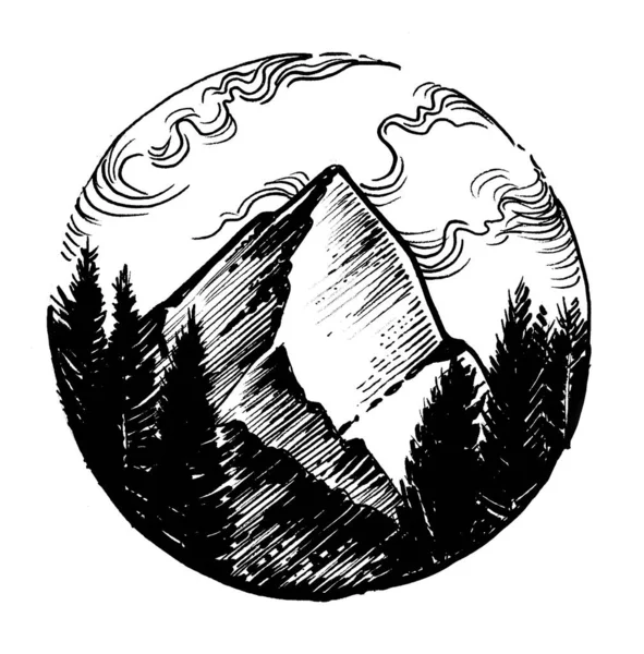 Mountain Peak Woods Ink Black White Drawing — Stock Photo, Image