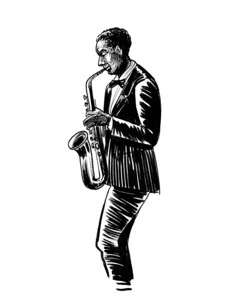 Musicien Jazz Jouant Saxophone Encre Dessin Noir Blanc — Photo