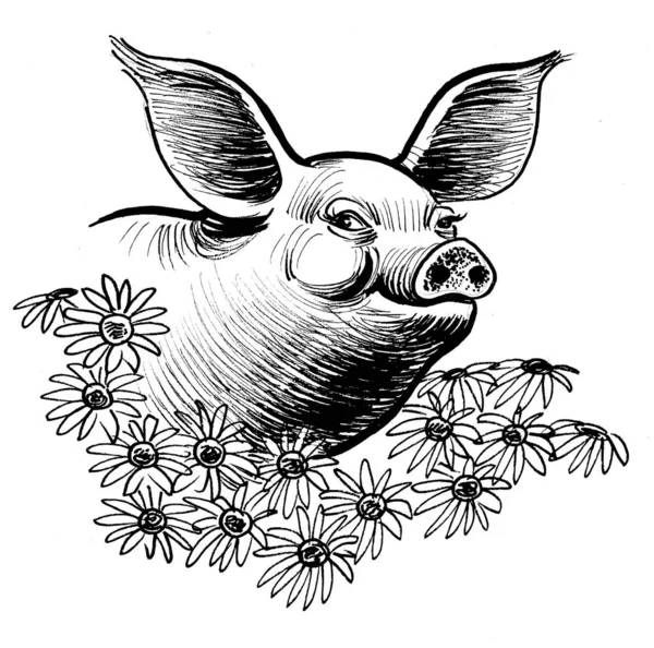 Cute Smiling Piglet Flowers Ink Black White Drawing — Stock Photo, Image