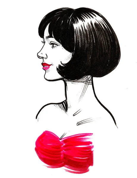 Lady Red Dress Ink Drawing — Stock Photo, Image