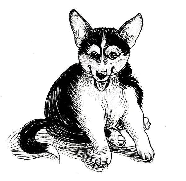 Cachorrinho Descascado Sentado Tinta Desenho Preto Branco — Fotografia de Stock