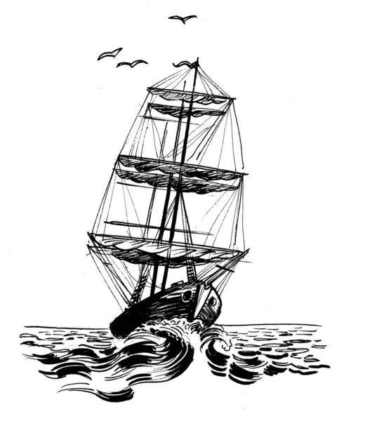 Sailing Ship Sea Ink Black White Drawing — Stock Photo, Image