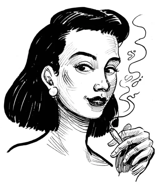 Pretty Woman Smoking Marijuana Joint Ink Black White Drawing — Stock Photo, Image