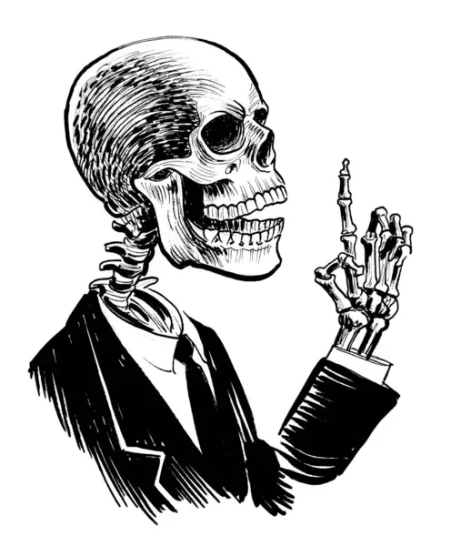 Human Skeleton Warning Pointing Finer Upwards Ink Black White Drawing — Stock Photo, Image