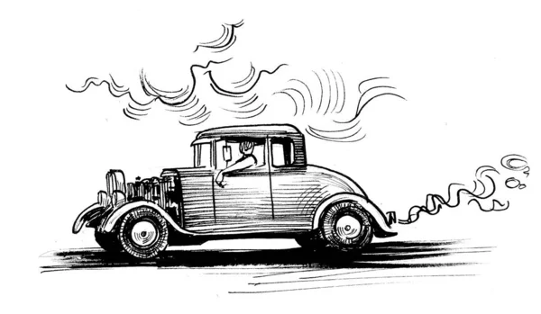 Speeding Vintage Car Ink Black White Draiwng — Stock Photo, Image
