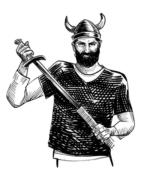 Wikinger Krieger Mit Einem Schwert Tusche Schwarz Weiß Zeichnung — Stockfoto