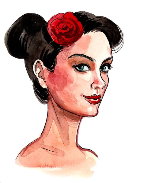 Красивая Женщина Красным Цветком Чернила Акварель — стоковое фото