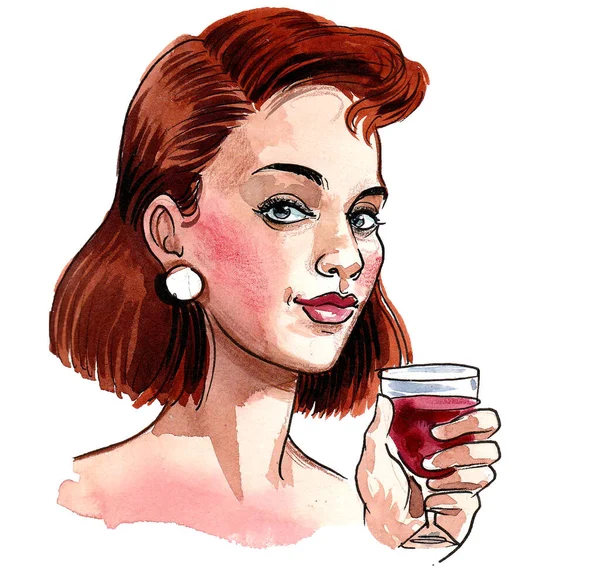 Bir Kadeh Kırmızı Şarapla Güzel Bir Kadın Mürekkep Suluboya Çizim — Stok fotoğraf