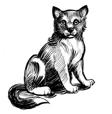 Şirin köpek yavrusu. Mürekkep siyah beyaz çizim