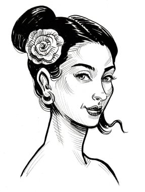 Saçında gül olan genç bir kadın. Mürekkep siyah beyaz çizim