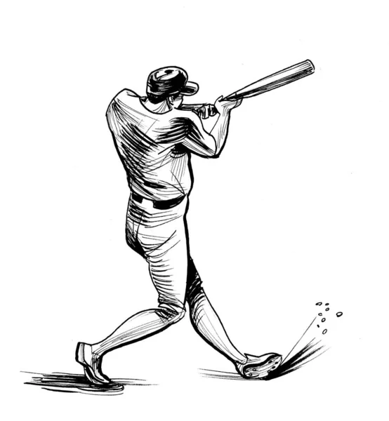 Beyzbol Oynayan Adam Mürekkep Siyah Beyaz Çizim — Stok fotoğraf