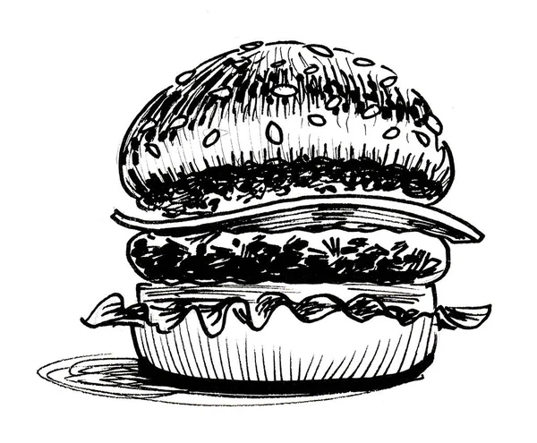 Gran Hamburguesa Sabrosa Dibujo Blanco Negro Tinta —  Fotos de Stock