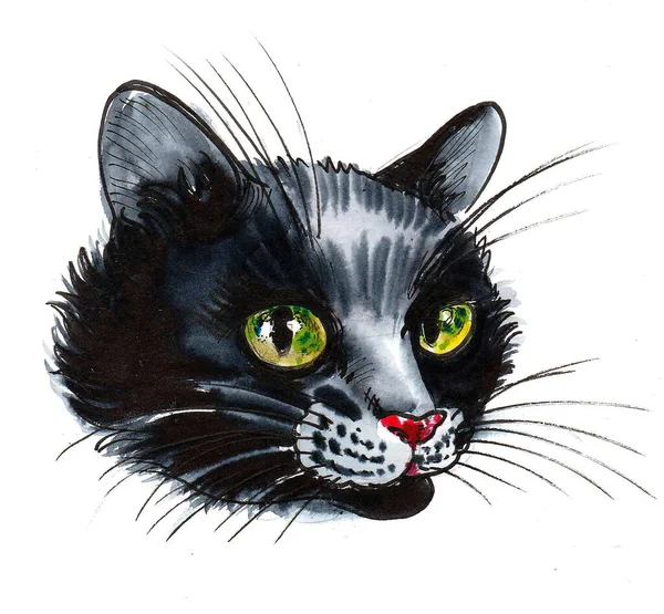 Yeşil Gözlü Kara Kedi Mürekkep Suluboya Çizim — Stok fotoğraf