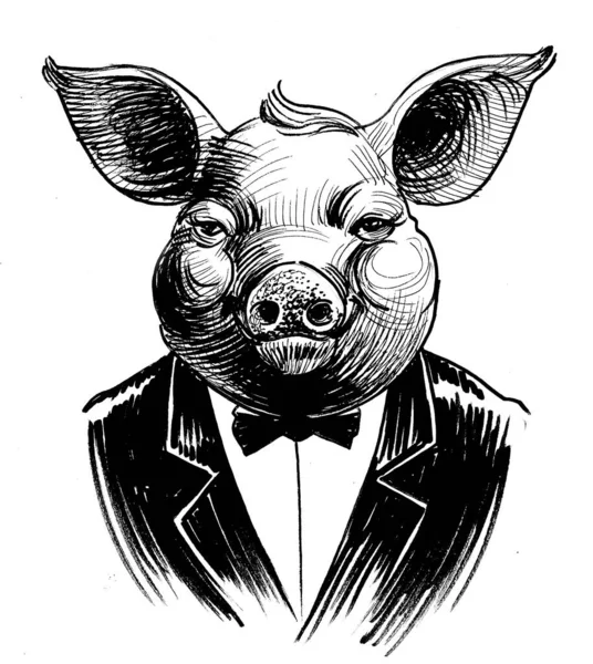 Cool Pig Suit Ink Black White Drawing — Stock Photo, Image