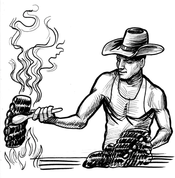 Kovboy Domuz Pirzolası Pişiriyor Mürekkep Siyah Beyaz Çizim — Stok fotoğraf