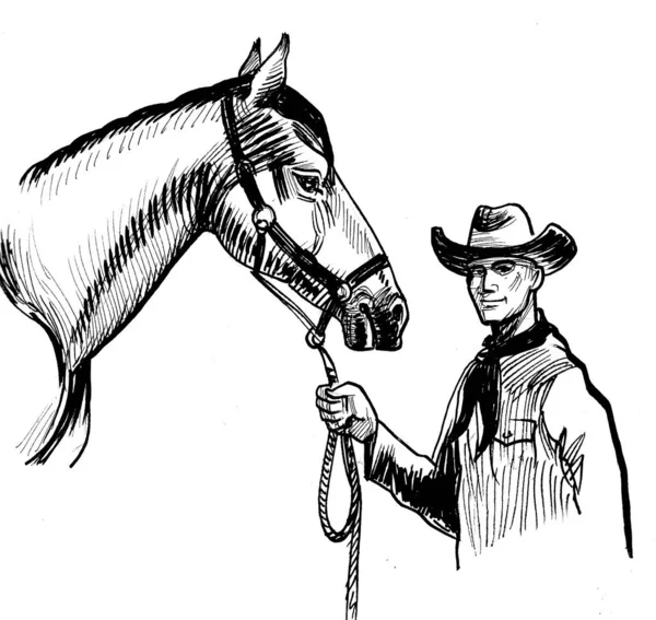 Cowboy Con Cavallo Inchiostro Disegno Bianco Nero — Foto Stock