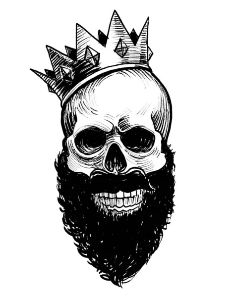 王冠に人間の頭蓋骨をひげを生やした 墨と白のドローイング — ストック写真