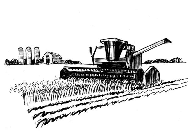 Harvesting Combaine Ink Black White Drawing — Stock Photo, Image