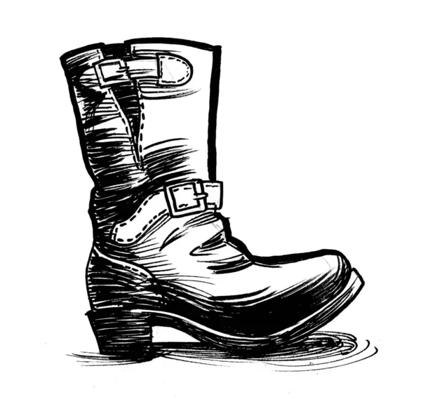 Leather Boot Ink Black White Drawing — Stock Photo, Image