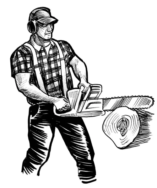 Canadian Lumberjack Cutting Tree Chainsaw Ink Black White Drawing — Stock Photo, Image
