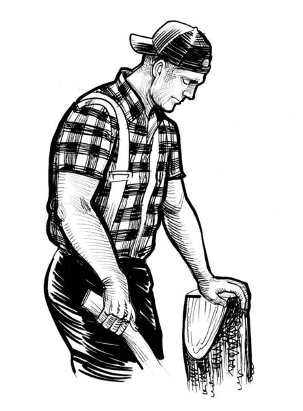 Canadian Lumberjack Axe Ink Black White Drawing — Stock Photo, Image