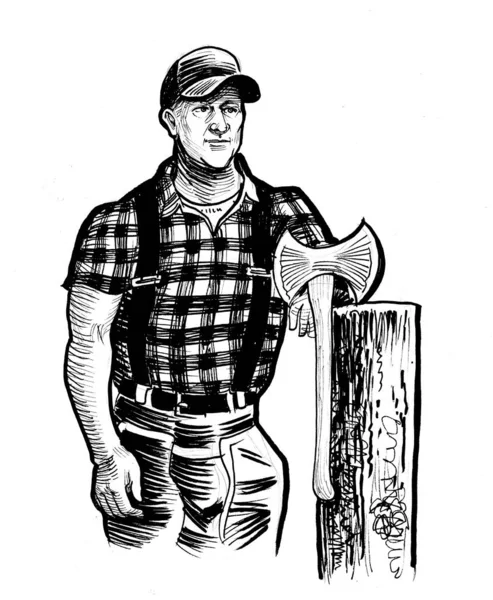 Kanadský Dřevorubec Sekerou Černobílá Kresba Inkoustu — Stock fotografie