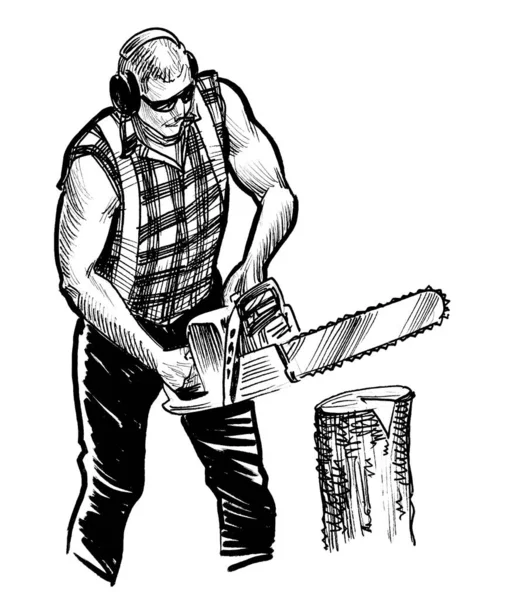 Lumberjack Cutting Tree Log Chainsaw Ink Black White Drawing — Stock Photo, Image