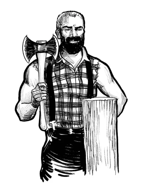 斧でカナダの木材ジャック 墨と白のドローイング — ストック写真