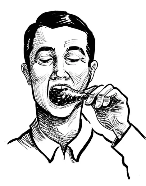 Hombre Comiendo Pollo Dibujo Blanco Negro Tinta — Foto de Stock