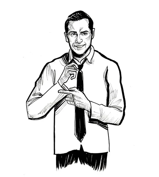 Hombre Abotonándose Camisa Dibujo Blanco Negro Tinta — Foto de Stock