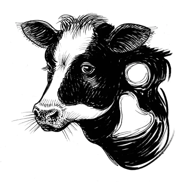 Şirin Inek Yavrusu Mürekkep Siyah Beyaz Çizim — Stok fotoğraf