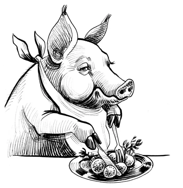 Hungry Pig Eating Lunch Ink Black White Drawing — Stock Photo, Image