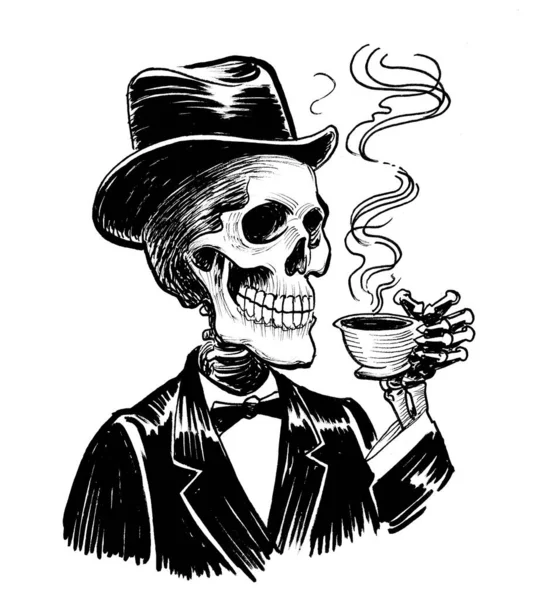 Ανθρώπινος Σκελετός Κοστούμι Και Καπέλο Πίνοντας Καφέ Μελάνι Ασπρόμαυρο Σχέδιο — Φωτογραφία Αρχείου
