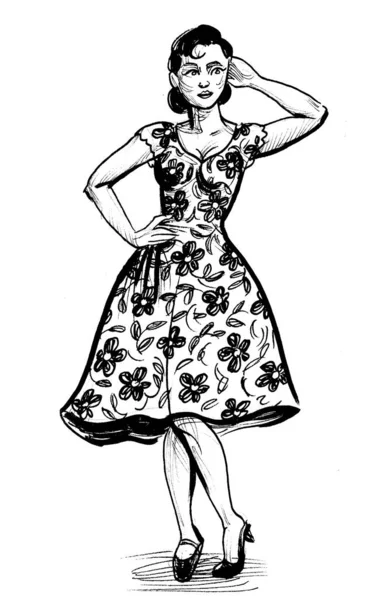 ヴィンテージのドレスを着たきれいな女性 墨と白のドローイング — ストック写真