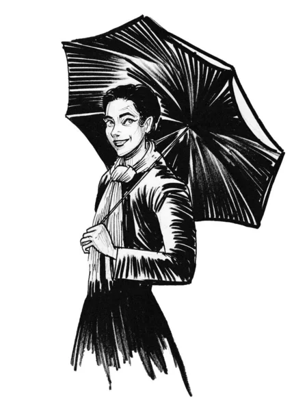 Csinos Esernyővel Tinta Fekete Fehér Rajz — Stock Fotó
