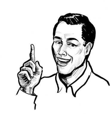 Gülümseyen adam işaret ediyor. Mürekkep siyah beyaz çizim
