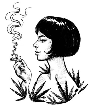 Esrar içen güzel esmer kadın. Mürekkep siyah ve beyaz.