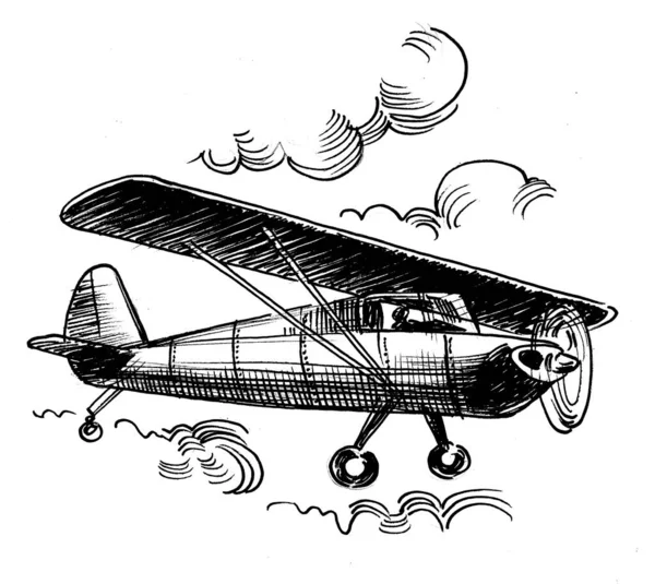 Flying Vintage Plane Ink Black White Drawing — Stock Photo, Image
