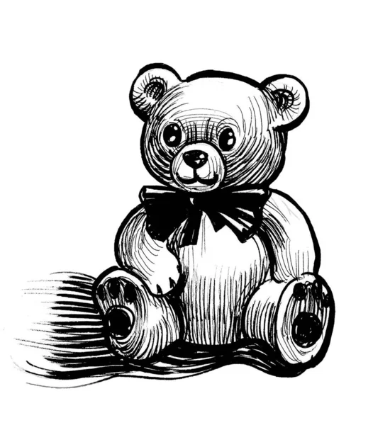 坐在泰迪熊 墨水黑白画 — 图库照片
