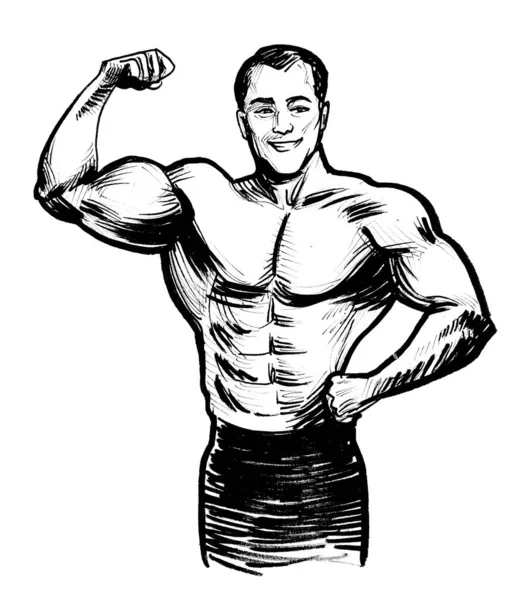 Bodybuilder Flexing Biceps Ink Black White Drawing — Stock Photo, Image
