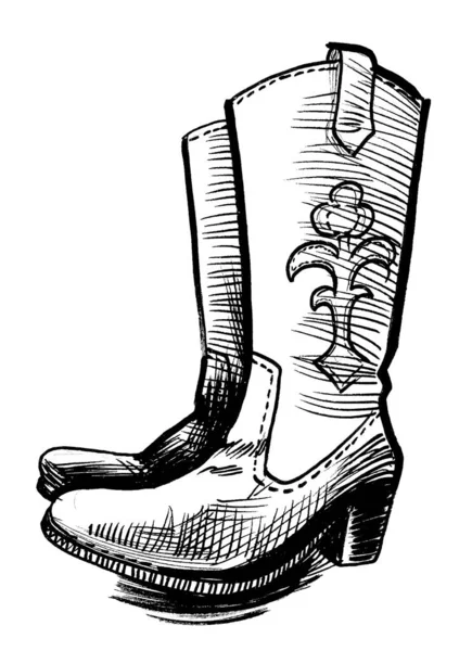 Pair Cowboy Boots Ink Black White Drawing — Stock Photo, Image