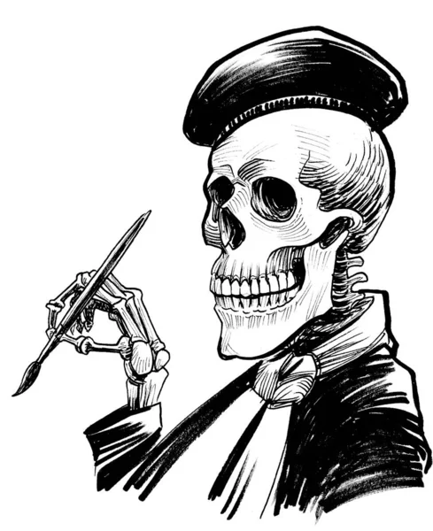 Menselijk Skelet Met Penseel Inkt Zwart Wit Tekening — Stockfoto